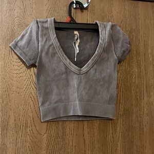 Gray V-Neck Ribbed Women's Top